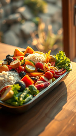 Healthy food in a bowl on a wooden table in the restaurantの写真素材