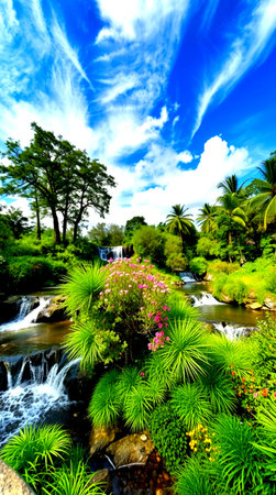 Beautiful tropical garden with waterfall and blue sky with white clouds.