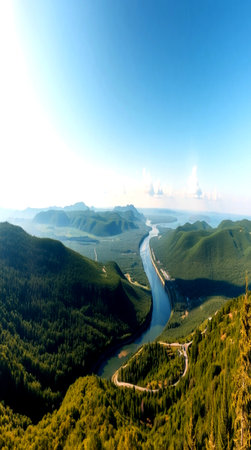Aerial view of the river and mountains in the morning mist.の写真素材