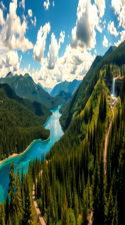 Aerial view of turquoise mountain lake in the Canadian Rockies