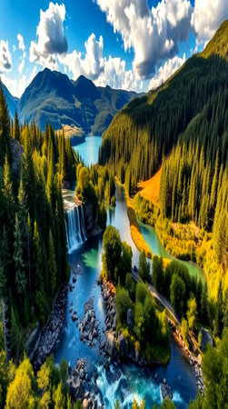 Aerial view of beautiful turquoise river in the Altai mountains, Russiaの写真素材