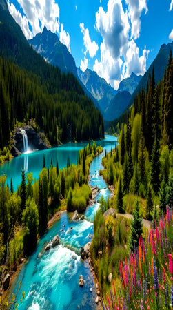 Fantastic view of turquoise turquoise lake in the mountainsの写真素材