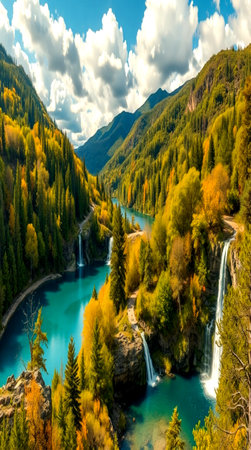 Autumn alpine landscape with turquoise water of mountain riverの写真素材