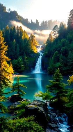 Waterfall in the mountains at sunrise, Jiuzhaigou, China