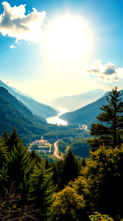 Mountain landscape with lake and forest at sunset. Beautiful summer nature.