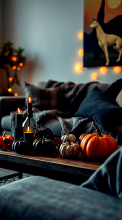 Halloween pumpkins on wooden table in cozy living room with garland lightsの写真素材