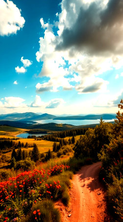 Beautiful summer mountain landscape with lake, hills and sky with clouds.の写真素材