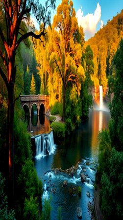 Waterfall and bridgeの写真素材