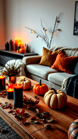 Halloween decoration with pumpkins, candles and autumn leaves in living roomの写真素材