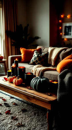 Cozy living room decorated for Halloween with pumpkins, candles and autumn leavesの写真素材
