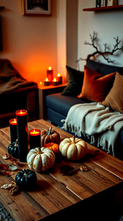Halloween pumpkins and candles on wooden table in cozy living roomの写真素材