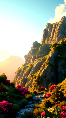 Mountain landscape with flowers at sunset, Huangshan, Chinaの写真素材