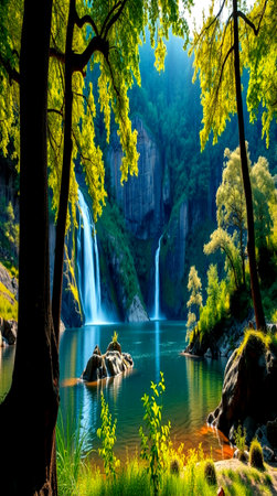 waterfall in the forest, beautiful photo digital picture and colorful background