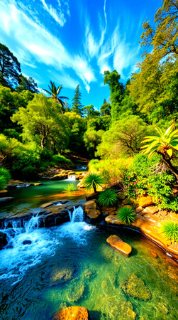 Scenic view of a beautiful waterfall in the mountains of New Zealand