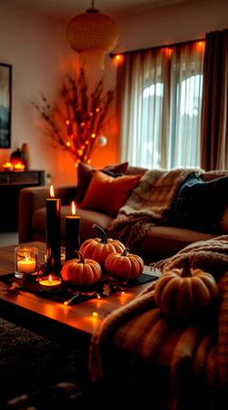 Halloween pumpkins and candles on wooden table in cozy living roomの写真素材