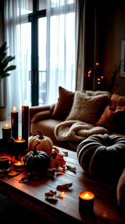 holidays, halloween and decoration concept - close up of pumpkins, candles and leaves at homeの写真素材