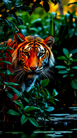Tiger in the jungle. Wildlife scene from nature. Beautiful and dangerous animal.の写真素材