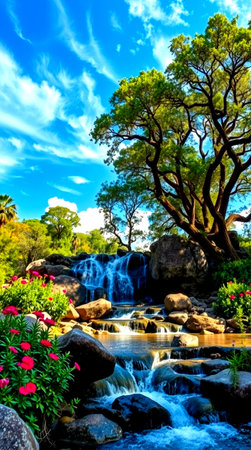 Beautiful view of a waterfall in the park with trees and flowersの写真素材