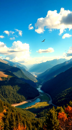 Beautiful landscape with mountains, lake and blue sky with clouds.