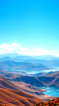 Beautiful panoramic view of mountains and a lake with blue skyの写真素材