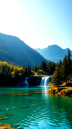 Beautiful autumn landscape with mountain lake and waterfall in the mountains.の写真素材