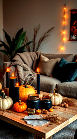 Halloween decoration with pumpkins and candles on wooden table in living roomの写真素材