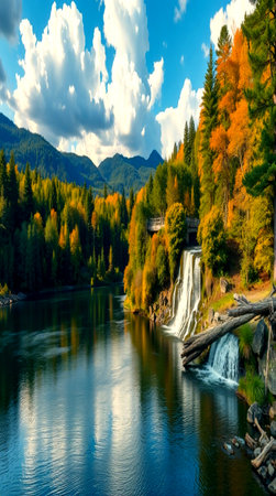 Autumn landscape with a waterfall on the river in the mountains.の写真素材