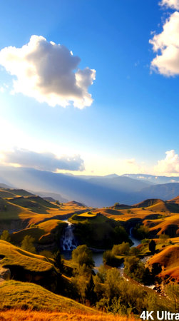 Beautiful landscape with mountain river and clouds in the blue sky.の写真素材