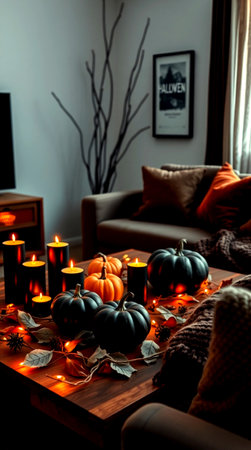 Halloween decoration with burning candles and pumpkins on wooden table in living roomの写真素材