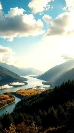Mountain landscape with lake and forest at sunset in autumn season.