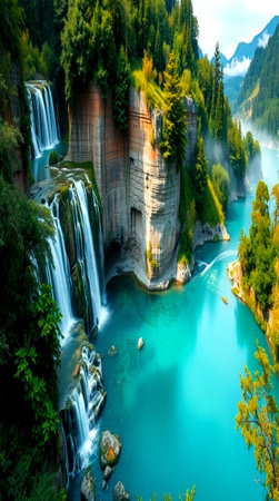 Beautiful view of the waterfall in the mountains. Summer landscape.の写真素材