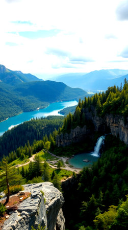 Aerial view of a lake in a mountainous region