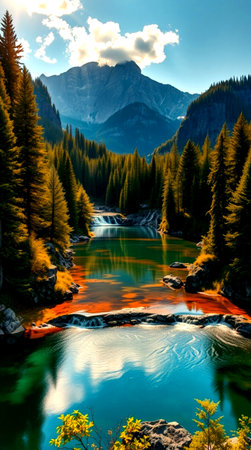 Mountain lake in Dolomites, Italy. Autumn season.の写真素材