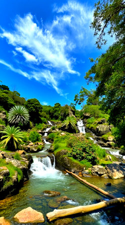 Beautiful landscape with a waterfall in the botanical garden of Montevideo, Uruguay