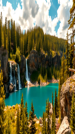 Beautiful view of Emerald waterfalls in Yoho National Park, Canadaの写真素材