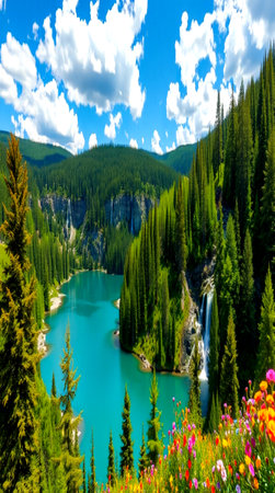Beautiful turquoise lake in the mountains under the blue skyの写真素材