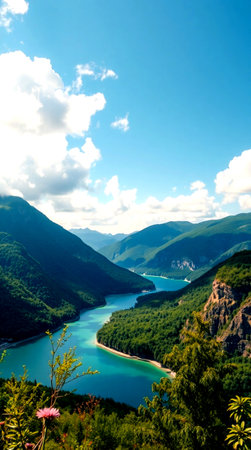 Beautiful view of the lake in the mountains. Summer landscape.