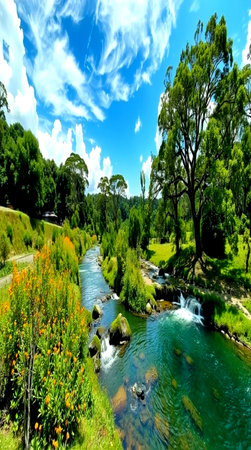 Beautiful summer landscape with a small river and a blue sky with clouds