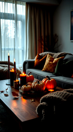 Halloween decoration in the living room with candles, pumpkins and knitted blanketの写真素材