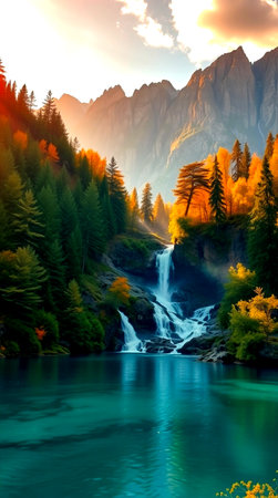 Autumn alpine landscape. Waterfall in the mountains at sunset.