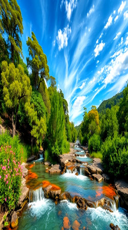 Mountain river with clear water and blue sky with white clouds.