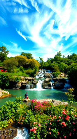 Waterfall in the tropical forest. Thailand. Panoramic view.