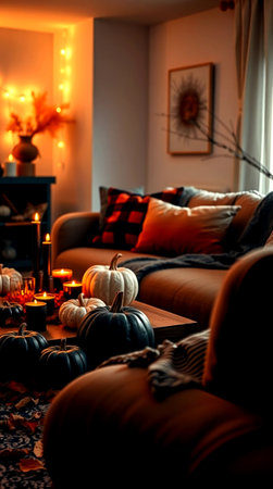 Halloween holiday concept. Decorated living room with pumpkinsの写真素材