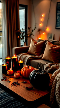 Halloween pumpkins, candles and knitted blanket on wooden table in living roomの写真素材