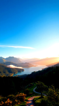 Sunrise at Lake Wakatipu, Queenstown, New Zealandの写真素材