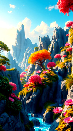 Fantasy landscape with trees and flowers in botanical garden at sunsetの写真素材