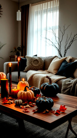 Halloween decoration with pumpkins and candles on wooden table in living roomの写真素材
