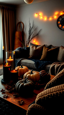 Cozy living room with candles, pumpkins, sofa and autumn leavesの写真素材