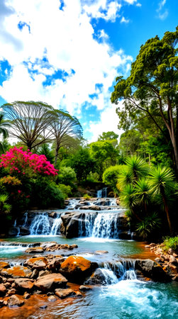 Waterfall in tropical forest. Beautiful landscape with waterfall and flowers.の写真素材