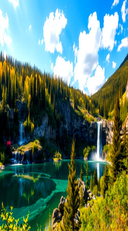 Waterfall in the alpine valley in autumn. High quality photoの写真素材